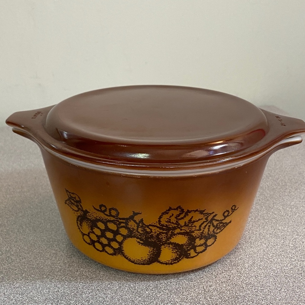 Pyrex Brown and Tan Casserole Dish with Fruit Design “Old Orchard”